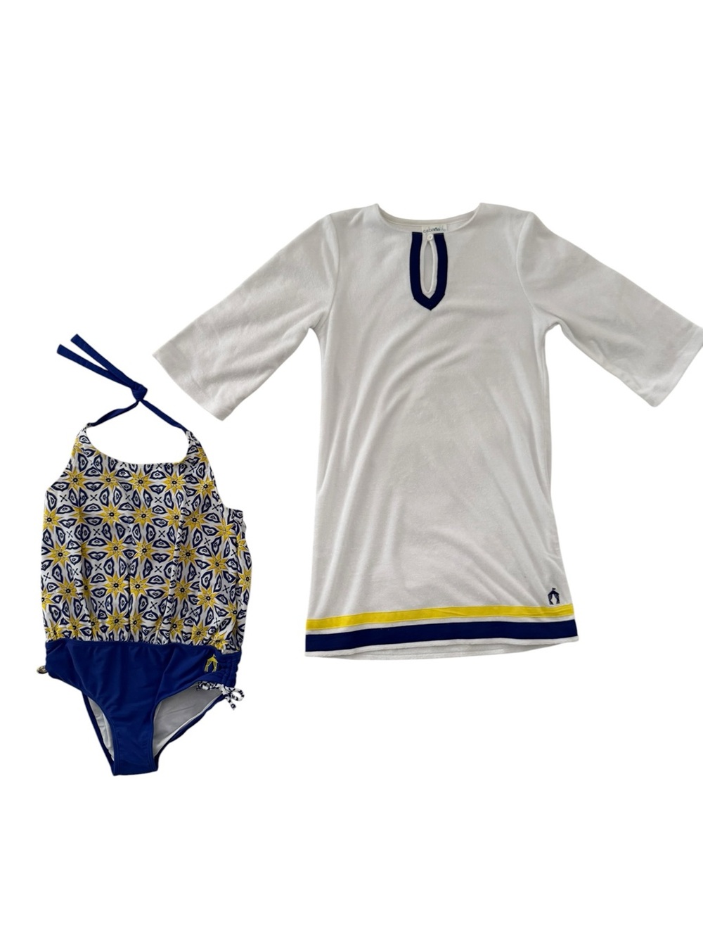 Cabana Life NWT Girls' Navy & Yellow Tile Print Tankini Set & White Cover-Up, 12